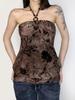 Retro Print Beaded Halter Crop Top for Women - Vintage Slim Fit