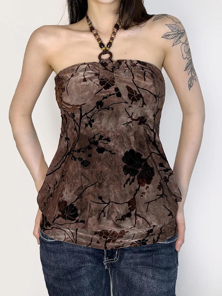 Retro Print Beaded Halter Crop Top for Women - Vintage Slim Fit