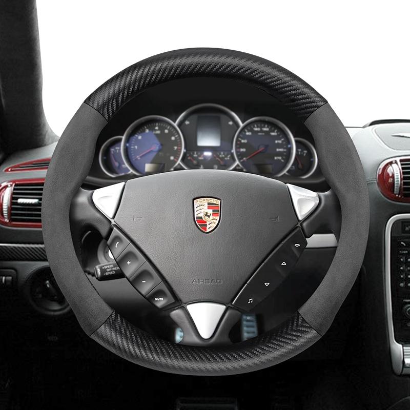 Suitable for Porsche Suede Matte Carbon Fiber Texture Steering Wheel Cover Suitable for Casenne 996 Macan 957 Volante Boxster 986 718 Turbo Panamera 