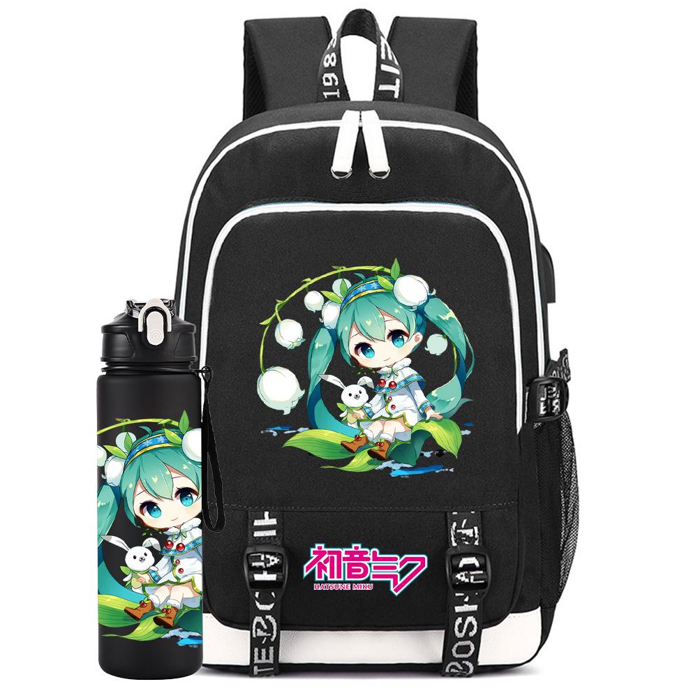 2 ks/sada Anime Hatsune Miku Potisknutý Batoh Velkokapacitní Školní Taška s 750ml Láhví na Vodu na Notebook Student Chlapec Dívka Velkokapacitní Vodotěsná Školní Taška