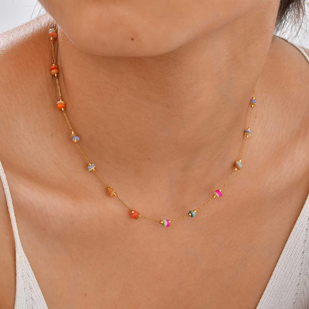 Bohemian Colored Natural Stone Necklace for Women,Gold Plated Stainless Steel O-Chain Necklaces,Fashion Waterproof Jewelry Gifts