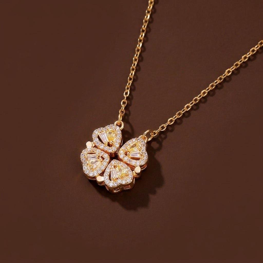 Women's Heart-Shaped Necklace with Four-Petal Flower, Cubic Zirconia, Titanium Steel Clavicle Chain - Elegant and Versatile Accessory