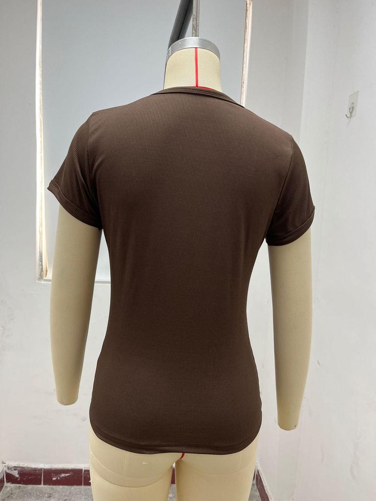 2024 Women's European American Ribbed Slim Fit Sports Top, Solid Color Short Sleeve T-shirt
