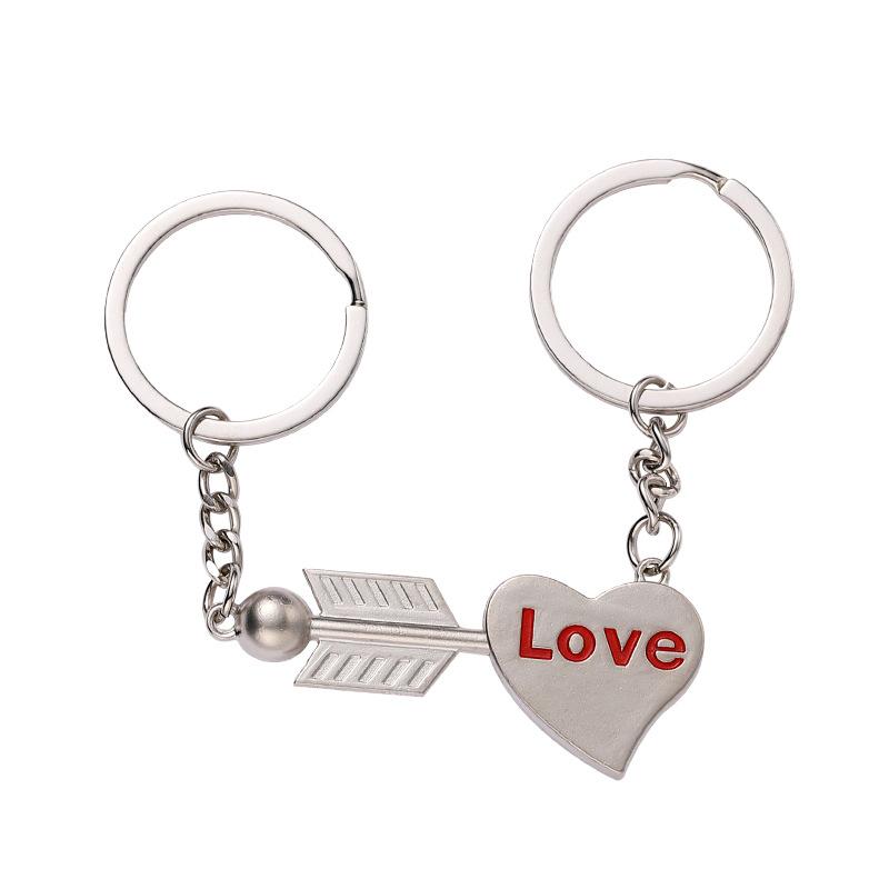 

2 Pcs Set Sliver Color Stainless Steel Heart Cupid Arrow Couple Key Chain for Women Men Lover Gift Creativity Zircon Accessory