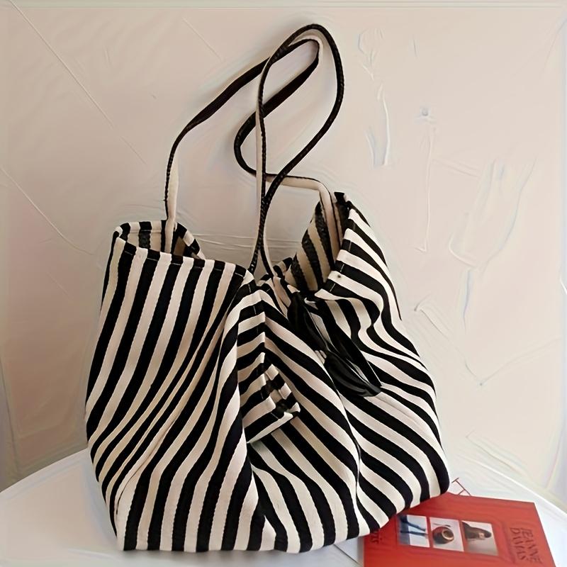 Women's Vintage Striped Tote Bag Large Capacity Open Top Unlined Shoulder Bag for Campus, Travel, Beach & Shopping Durable Casual Chic Striped Design