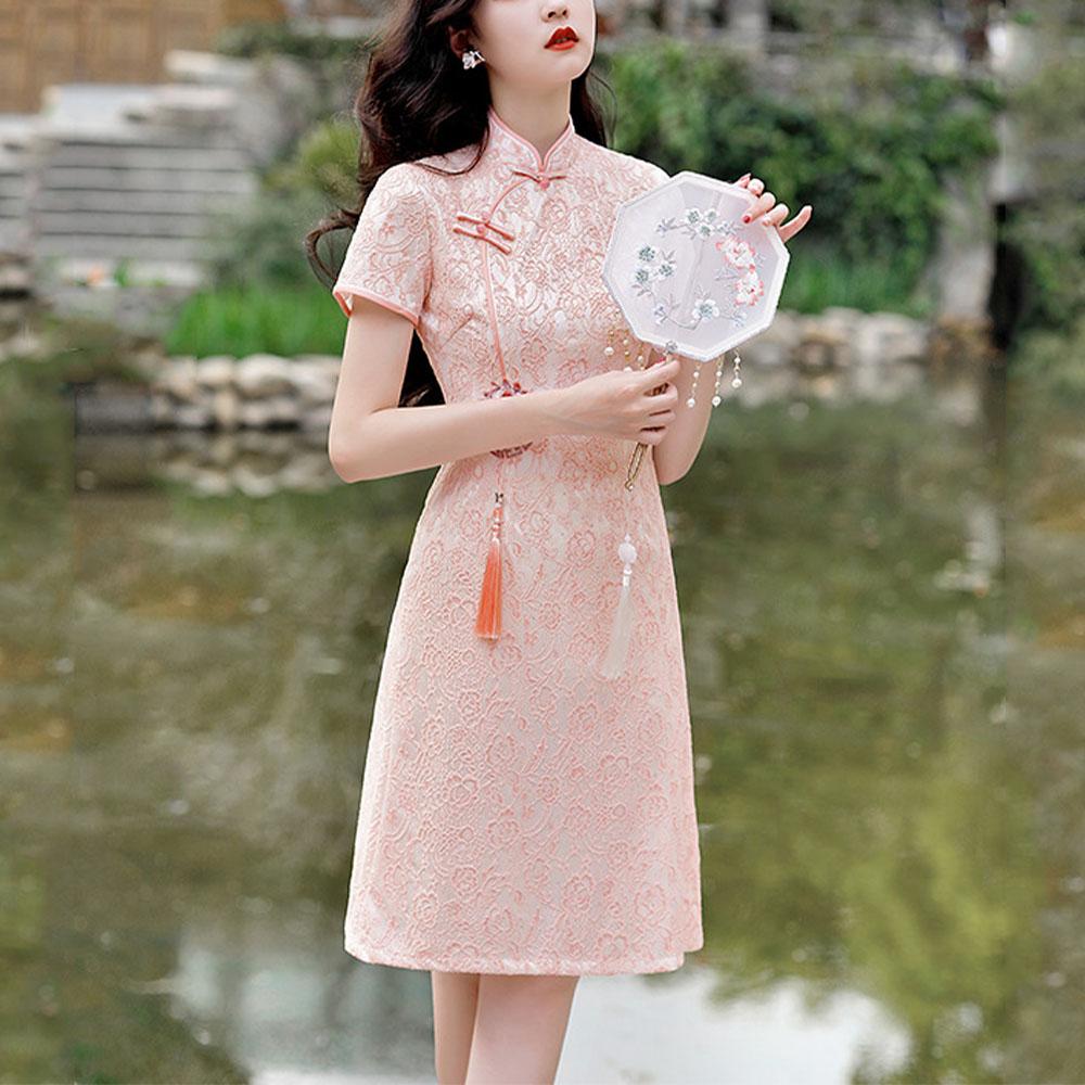 

Женское улучшенное кружевное платье с А-образной стороной, ежедневное повседневное короткое платье Cheongsam S розовый