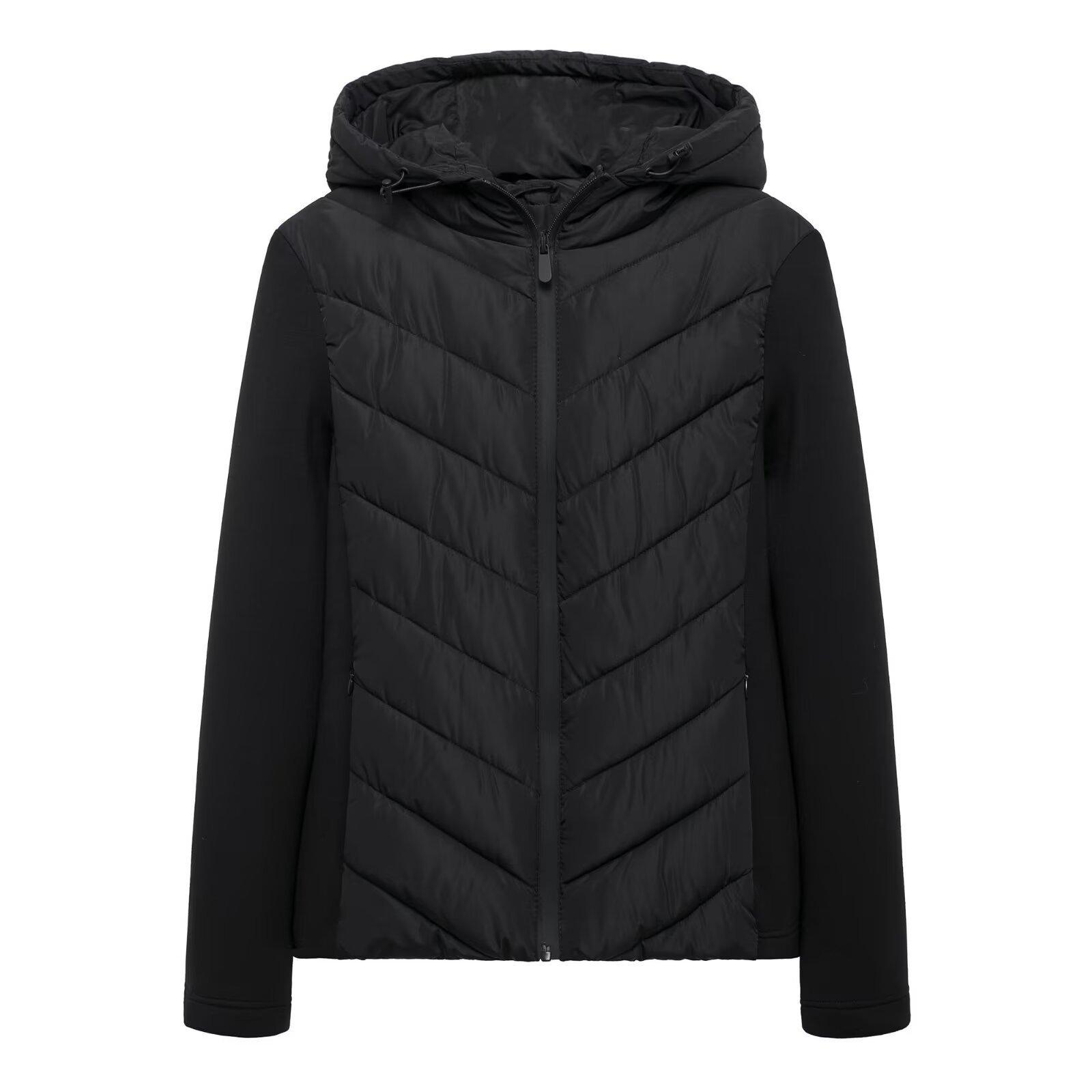 Elegante Damenmode Patchwork Langarm Stehkragen Kapuzen Baumwolljacke Sportmantel L schwarz