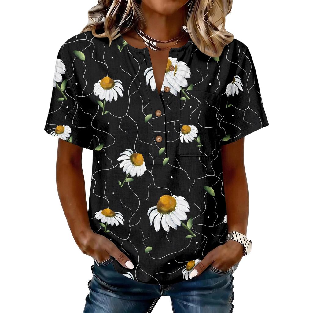 Women’s Vintage Floral Print Short Sleeve Cotton Linen Henley Button Front Shirt Casual Loose Fit Blouse Top for Summer