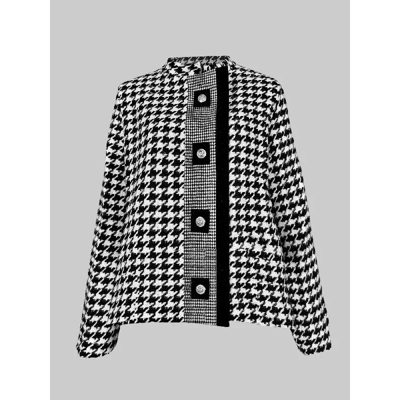 

Женская классическая куртка с узором «гусиная лапка» с воротником-стойкой и длинными рукавами. Зимняя осенняя одежда. Женское повседневное пальто. Верхняя одежда. XXXL