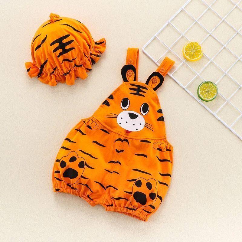 

Baby Summer Short Sleeve Onesie Half-Length Sleeve Thin Romper Newborn Baby Cute Fashionable Triangle Jumpsuit [Tiger Set] with Hood 66 cm