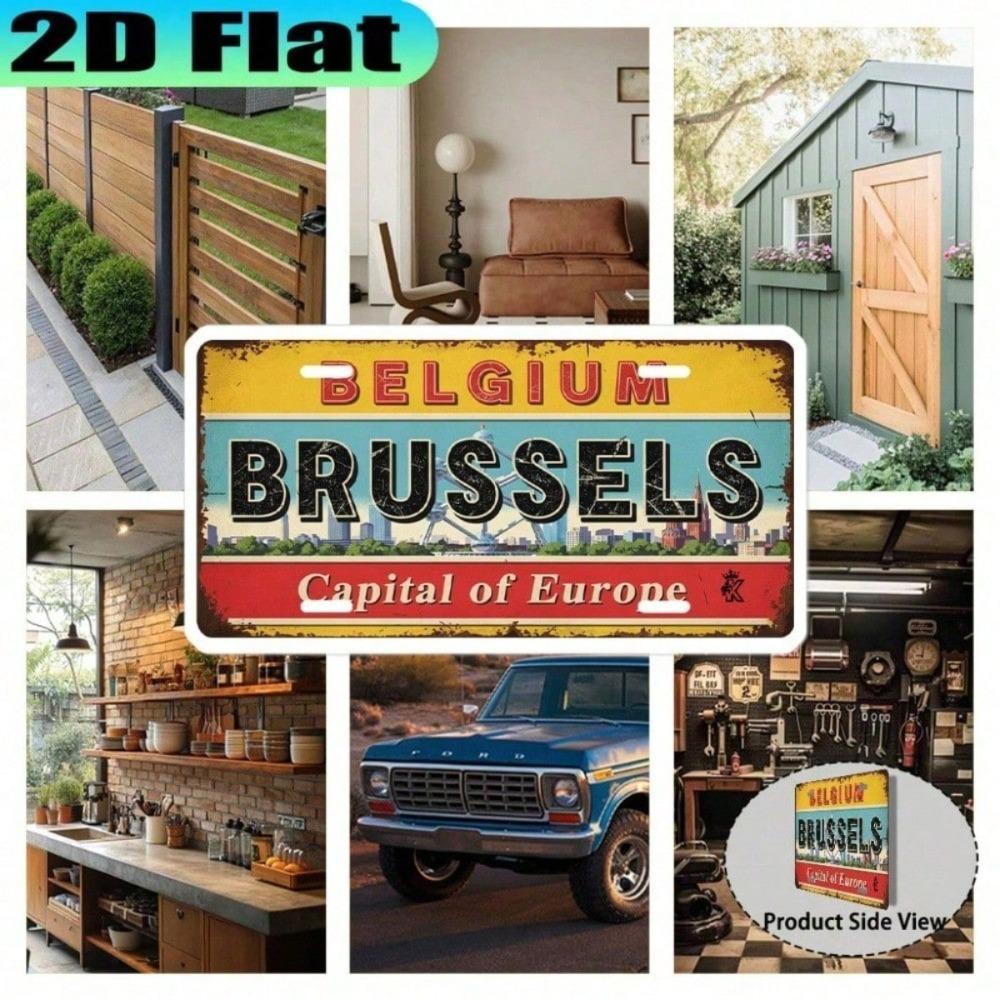 2D Flat Brussels Retro License Plate Frame, Waterproof Aluminum Car Tag Cover, 5.9x11.8in Vintage Urban Decor
