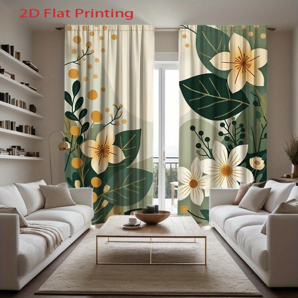 2pcs Floral Green Leaves Light Beige Curtains - 2D Flat Printing   Rod Pocket Design   Semi-Transparent Polyester Fabric   Machine