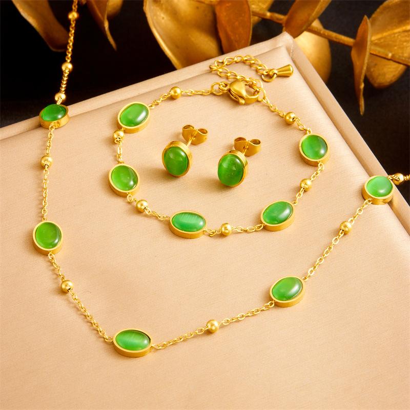 

Gold Green Oval Stone Jewelry Set Necklace Bracelet Earrings for Women зелений
