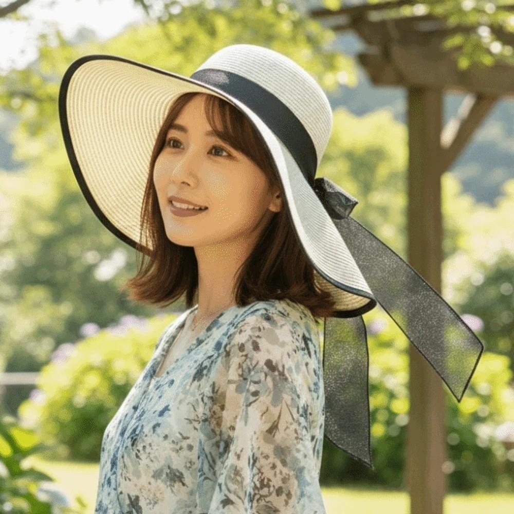 Lightweight Big Brimmed Straw Hat with Lace Ribbon Woven Sun Cap Vacation Beach Cap  Daily