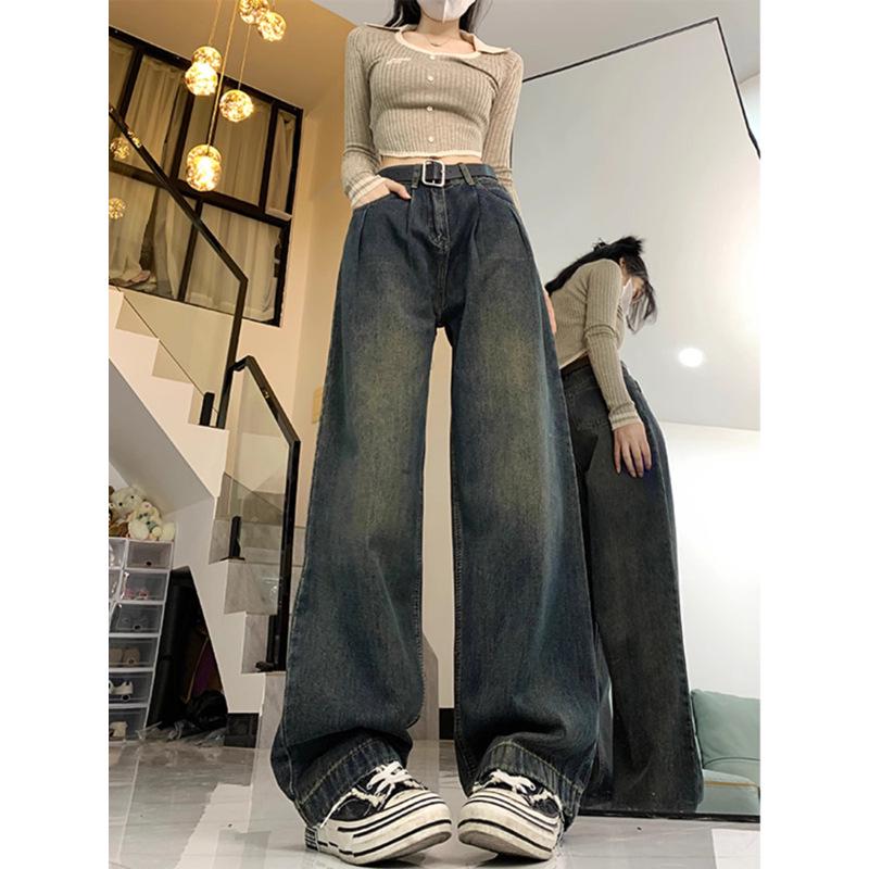 Women's Plus Size High Waist Fleece-Lined Grey Jeans, Autumn/Winter, Thick, Loose, Slimming, Straight Wide Leg.