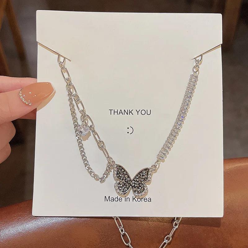 Retro Charme Schwarzer Zirkon Schmetterling Anhänger Halskette für Frauen Persönlichkeit Hip Hop Rock Accessoires Party Schmuck Farbecht Geschenk