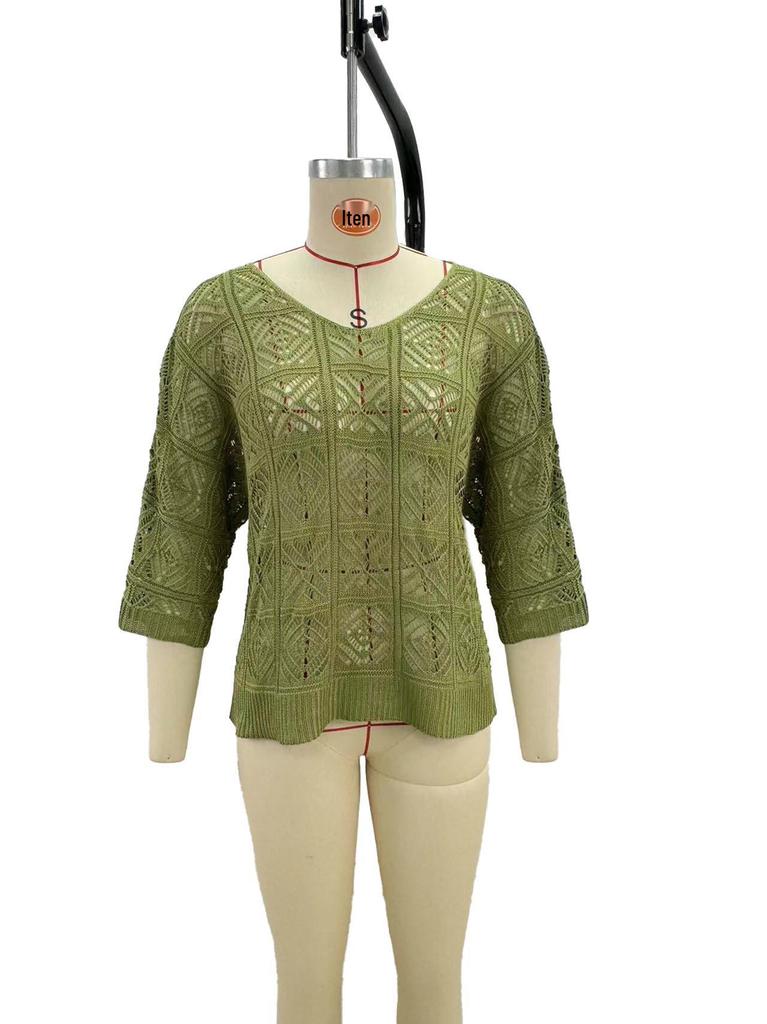 Women's Crochet Beach Sun Protection T-shirt with 7-Point Sleeves
