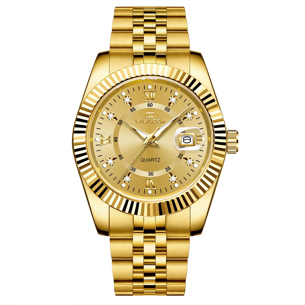 Fashion Luxury Male Wristwatch Two‑Tone Gold Case Rhinestone Dial Stainless Steel Original Quartz Movement Men's Business Watch