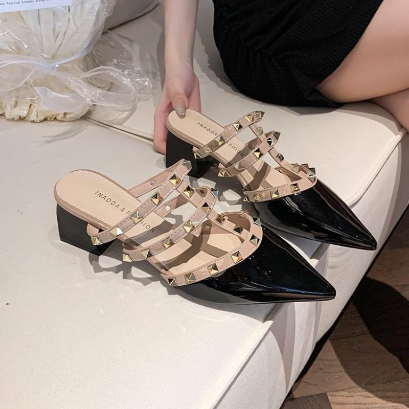 Fashion Women Leather Med Heels Shoes Electroplated Gold Stable Slides Pointy Toe Rivets Stud  Slippers Fashionable