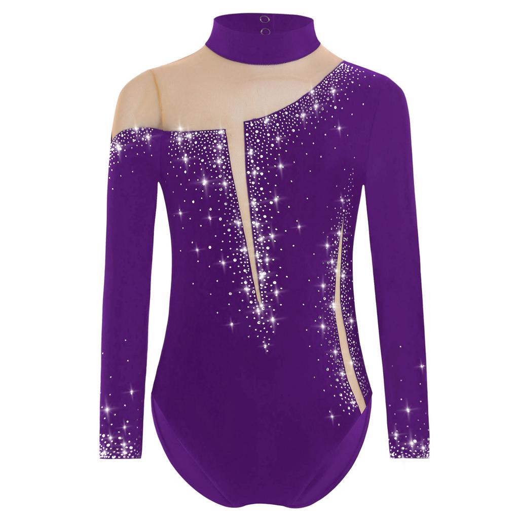 Dívčí třpytivé kamínky gymnastický dres dlouhý rukáv klíčová dírka na zádech průsvitná síťovina patchwork body pro krasobruslařskou soutěž