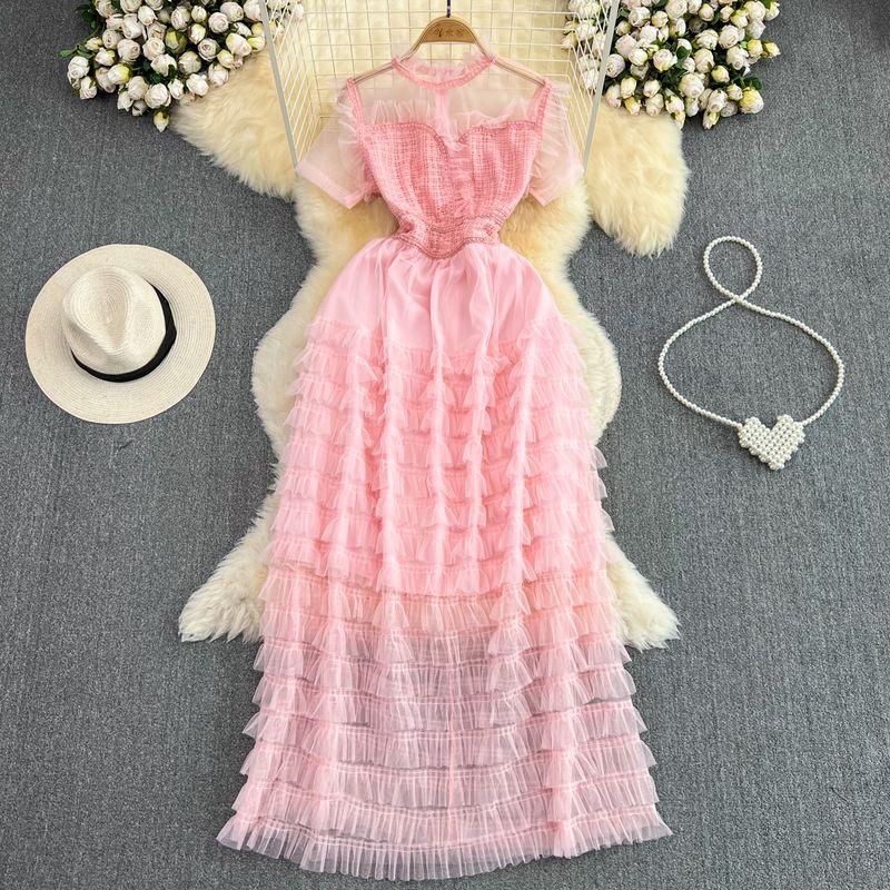 

Summer Stand-up Collar Cinched Cake Dress Elegance Mesh Pink All yards