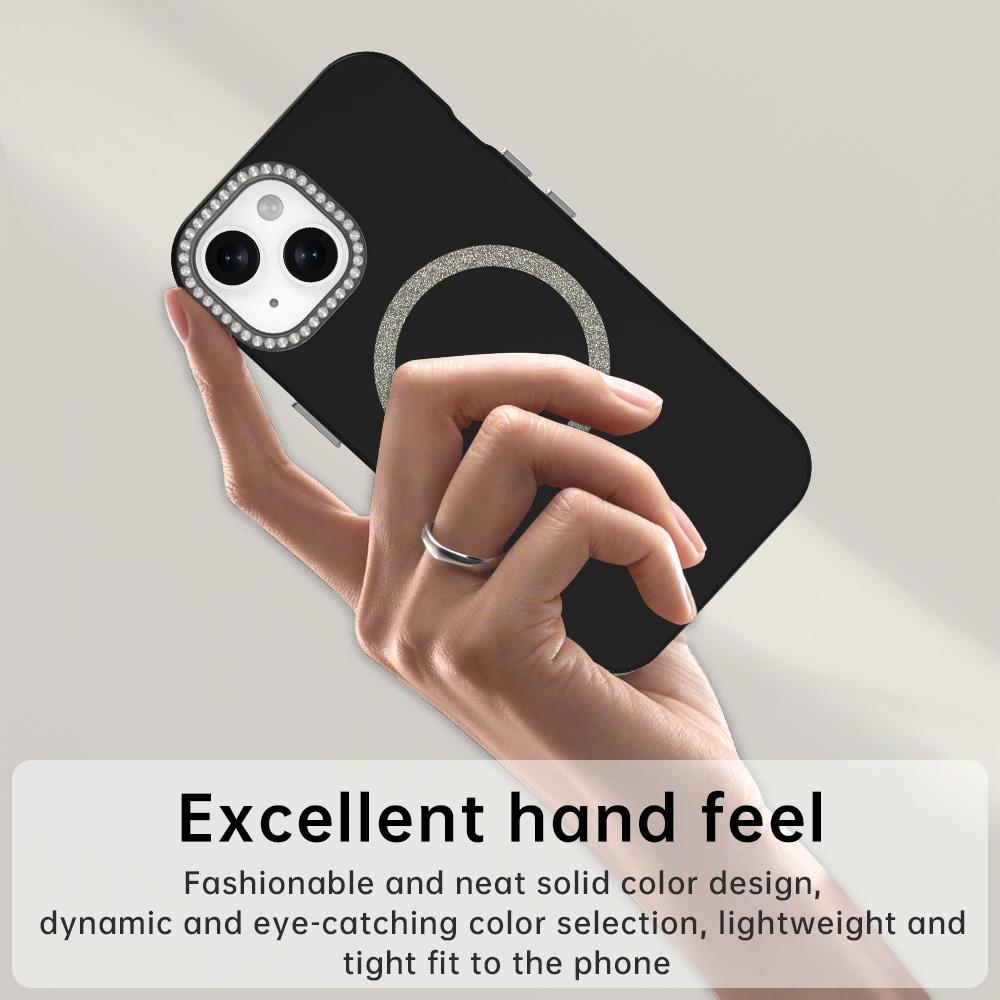 For iPhone 15 Case Compatible with MagSafe TPU+PET Phone Cover with Rhinestone Decor Lens Frame