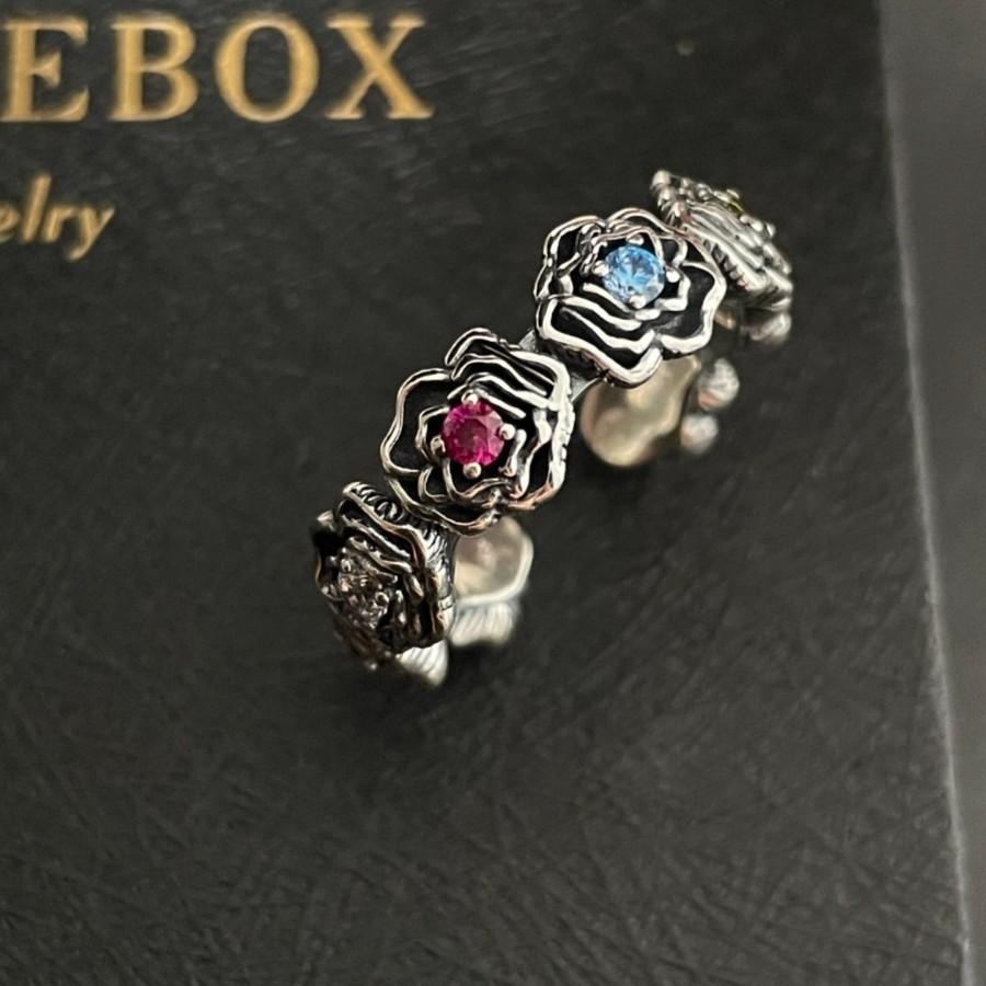 Elegant S925 Silver Rainbow Zircon Rose Flower Hollow Heart Adjustable Ring For Women