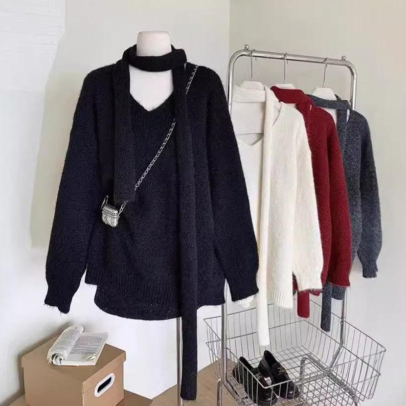 

Рождественский новый красный свитер-пуловер с V-образным вырезом и шарфом, женский ленивый повседневный темпераментный свободный вязаный свитер one size fits all чёрный