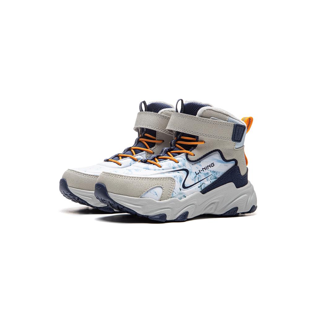 Li Ning Kids Sports Lifestyle Series Synthetic Leather Comfortable Fleece Non-Slip Shock Absorption Warm Mid-Top Casual Shoes YKNU102-33
