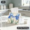 1pc Tissue Box, Watercolor Blue Iris Flowers Delicate Elegance Pattern, 2D Flat Printing, Polyester Fabric, Folds Flat, Tissue Holder, for Outdoor Use