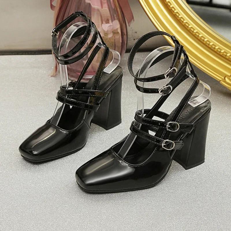 Square Toe  Mary Jane  Pumps Chunky Heel Summer Women Sandals Black Comfy Fashion Designer High Heel