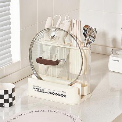 High-Value Cream Kitchen Storage: Integrated Knife & Chopping Board Rack with Utensil Holder