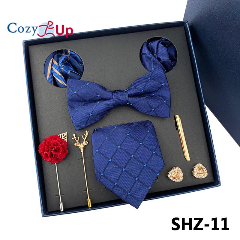 7 KS Klasická pánská kravata sada Paisley Stripe kravata pro muže Kapesní čtvercový motýlek Brož manžeta Dárková krabička ke Dni otců
