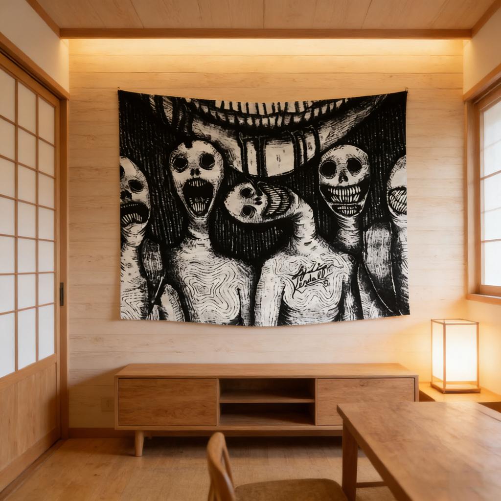 Gothic Elegant Skull Abstract Tapestry, Black White Wall Hanging For Home & Dorm Decor, Creepy Horror Style Gift