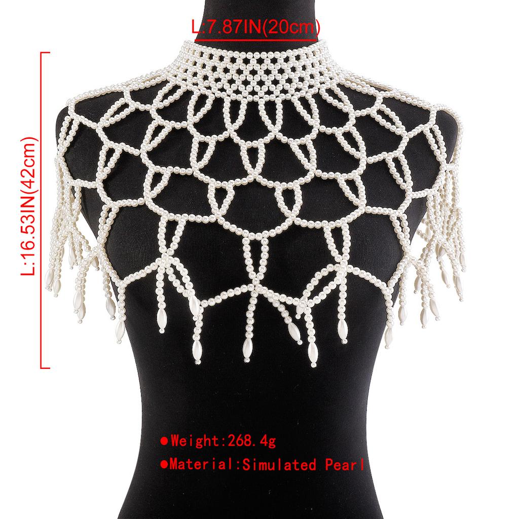 Luxury Retro Body Chain, Elegant Palace Style Imitation Pearl Hollow Tassel Shawl Body Chain Jewelry