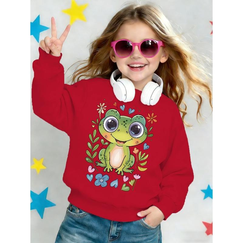 Kids Crewneck Sweatshirt, Cute Green Frog Floral Heart Print Long Sleeve Casual Top for Spring Autumn