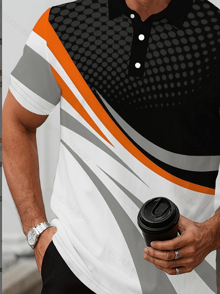 Men's Summer Casual Short-Sleeve Polo Shirt, Breathable Fabric, Button- Collar, Geometric Pattern Print, Perfect for Sportswear and Casual Wear |