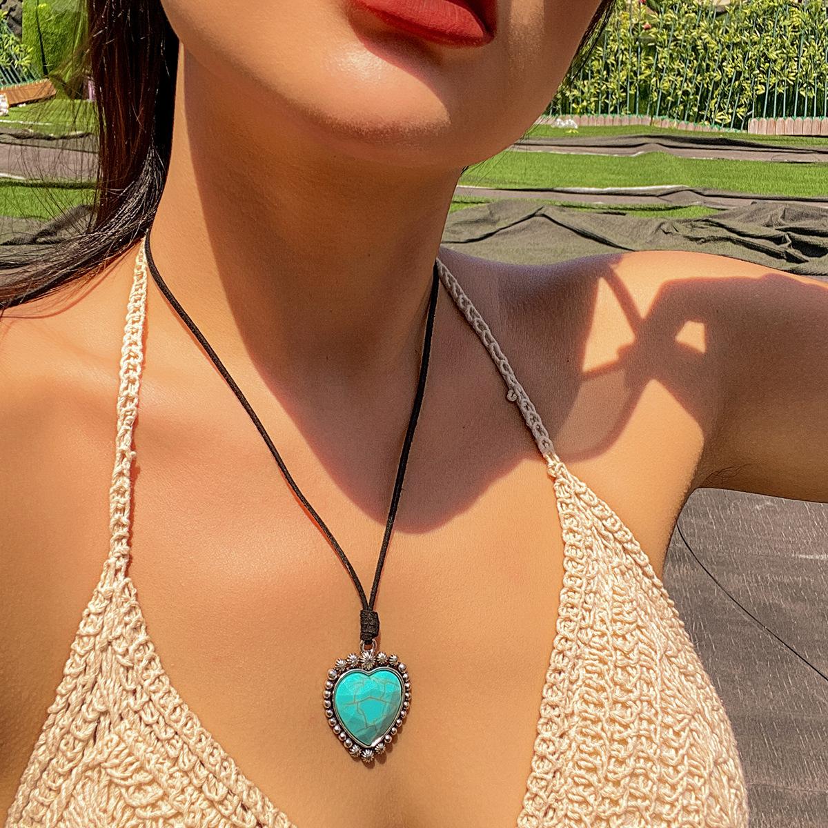 Turquoise Love Pendant Adjustable Drawstring Collar, Beach Bohemian Mermaid Necklace korean velvet