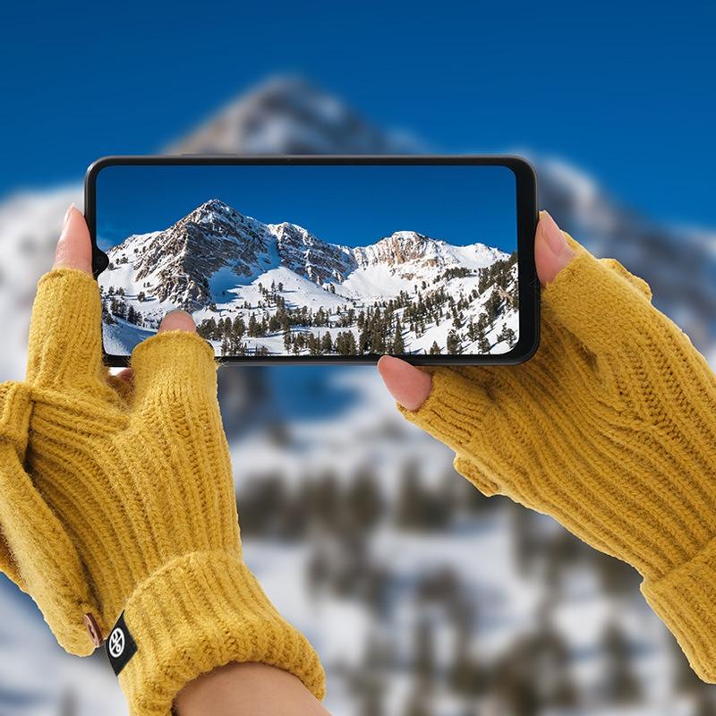 Candy-colored dew finger flip half-finger gloves knitted thermal gloves dual-purpose double-layer thickened to prevent cold autumn and winter