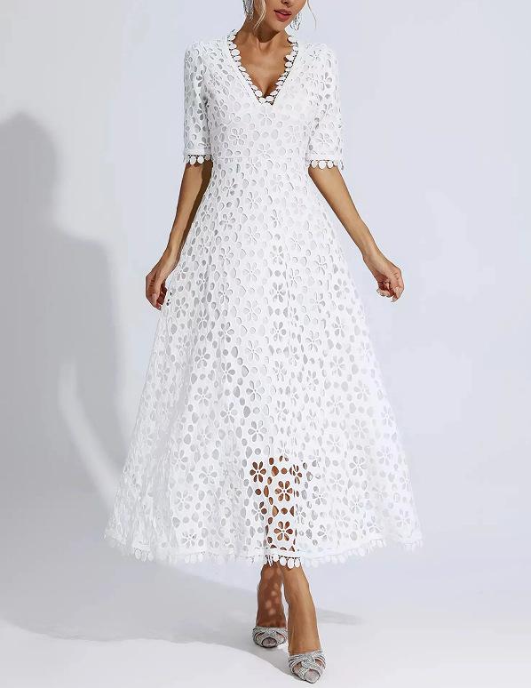 Spring and summer new European and American women's deep V medium sleeve medium and long lace evening dress dress