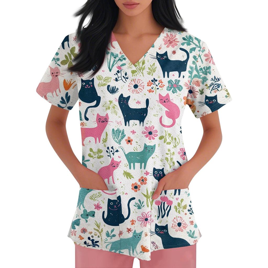 Women's V-neck Printed Short-sleeved Work Clothes With Side-slit Pockets And Uniforms
