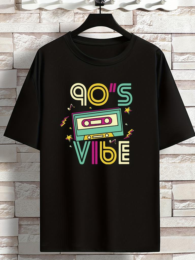 Unisexs Retro Music T Shirt 90S Vibe Old Cassette Tape Color Letter Graphic Print Short Sleeve Crew Neck Casual Cotton Male Tee