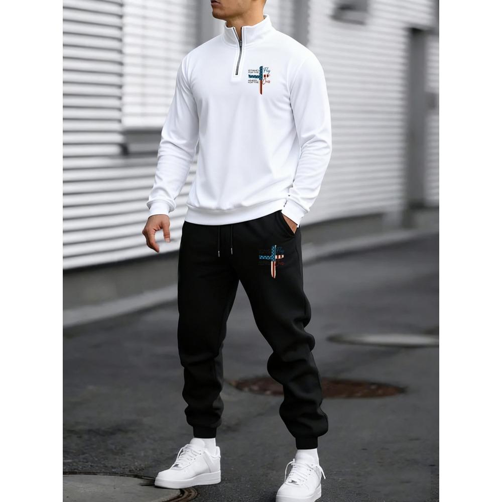 

Patriotic Cross American Flag Print, New Men s Zipper Hoodie and Pants Two Piece Set, Autumn Winter Casual Sportswear S