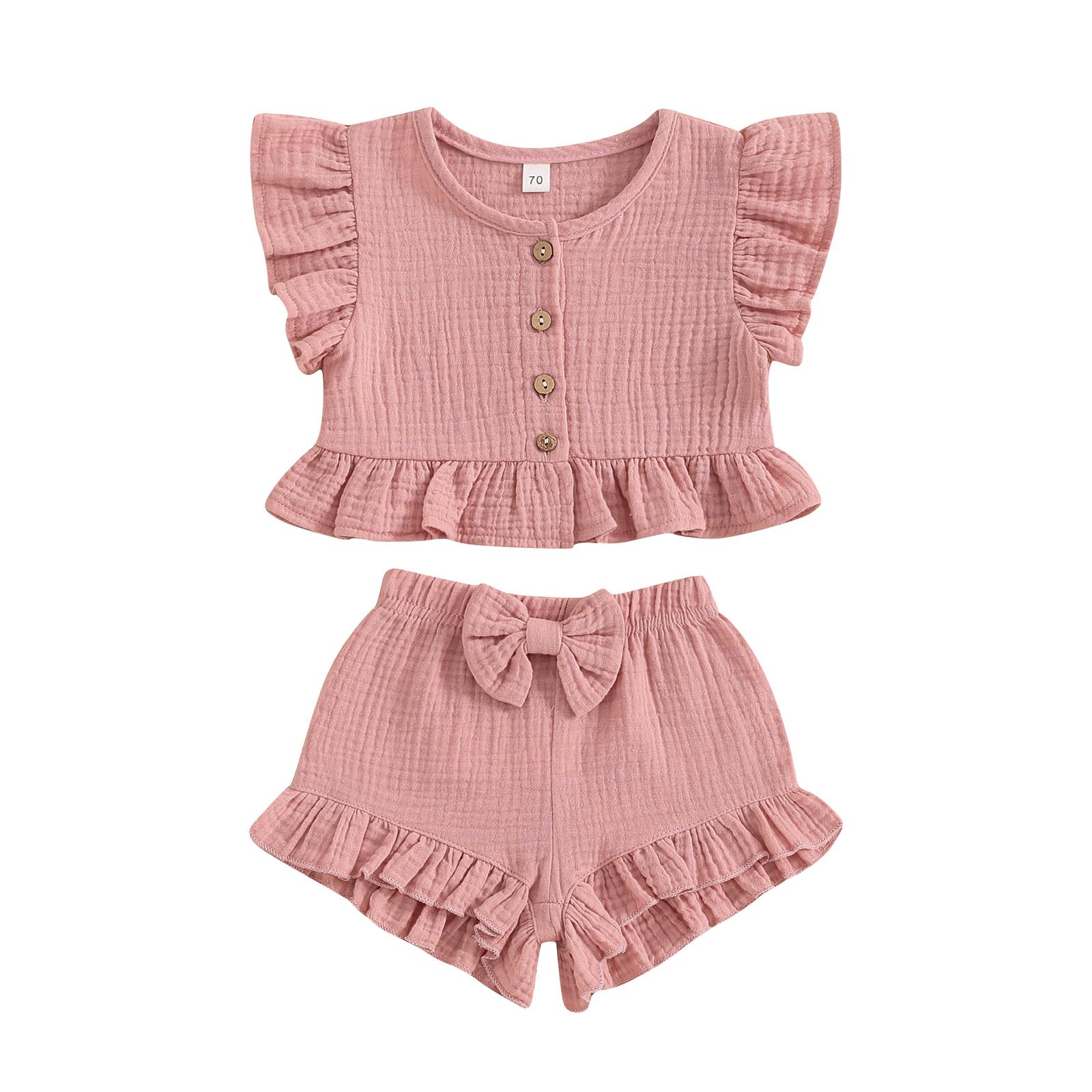

Летний комплект из 2 предметов для маленькой девочки, топ с оборками на пуговицах и рукавами-крылышками, шорты с эластичной резинкой на талии, комплект для малышей 2-3 Years розовый