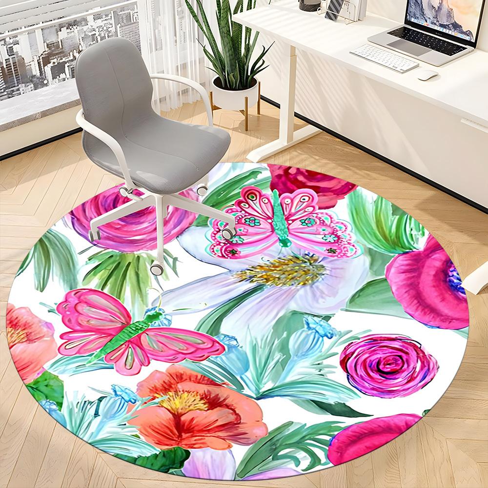 1pc Floral Butterfly Office Round Rug, Non-slip, Soft and Durable Office Rug for Interior Decoration, Perfect for Office, Beautiful Decoration yy26032