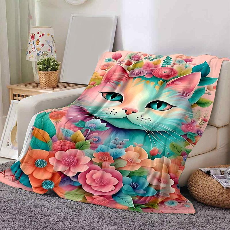 1pc Pink Cat Art with Floral Accents Blanket, Soft Throw for Room Decor