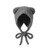 Women Hat Bear Shape Solid Color Winter Knitted Hat with Lace-up Cold Weather Thick Warm Plush Headwear