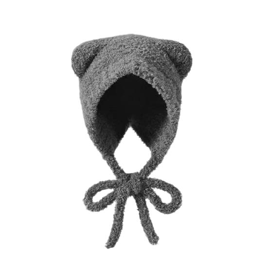 Women Hat Bear Shape Solid Color Winter Knitted Hat with Lace-up Cold Weather Thick Warm Plush Headwear