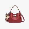 Korean Style Genuine Leather Bucket Bag with Cute Dog Pendant - Versatile Crossbody and Shoulder Bag for Women