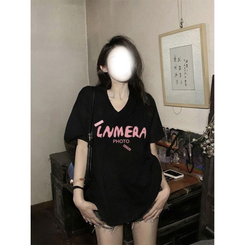 

V Neck Summer Loose Mid Length Long Length Hip-Covering Short Sleeve T-Shirt Black L